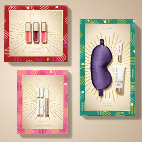Jane Iredale Comfort and Joy 2026 holiday collection: the Well Rested, Starry Eyed and Just Kissed gift sets