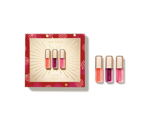 Jane Iredale Just Kissed pH Lip Oil Mini Trio box with the three minis in Blooming Peach, Blooming Berry and Blooming Pink