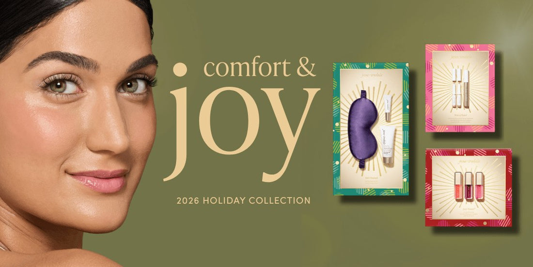 Jane Iredale Comfort and Joy 2026 holiday collection: a model beside the Well Rested, Starry Eyed and Just Kissed gift boxes
