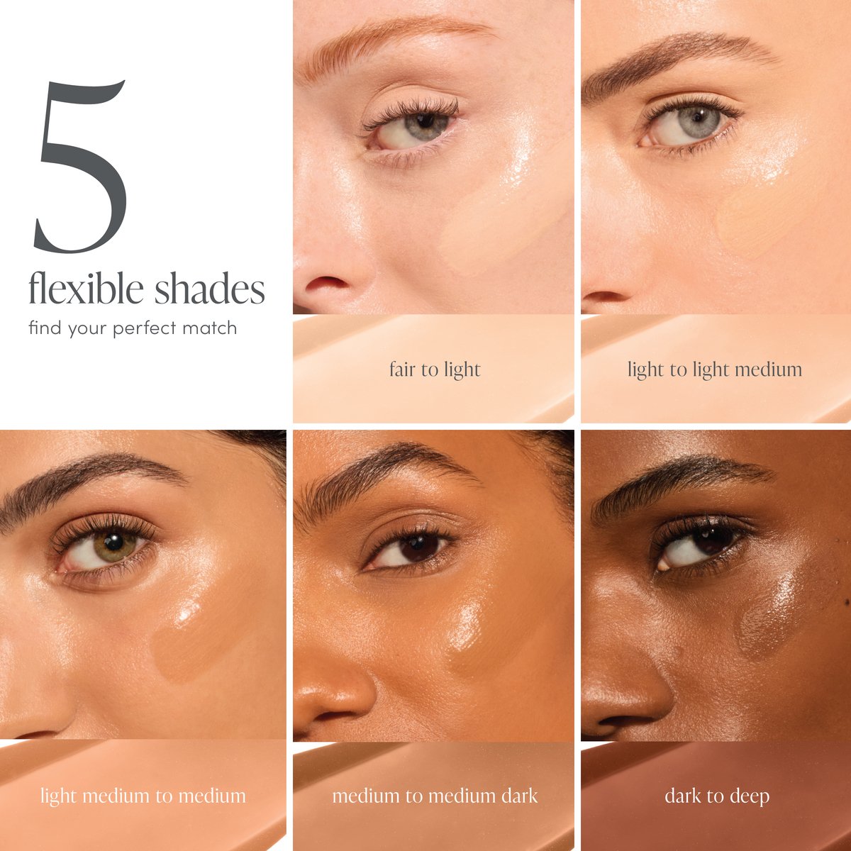 Jane Iredale Glow Fixation SPF 30 Sheer Tint shade guide: five flexible shades on five models