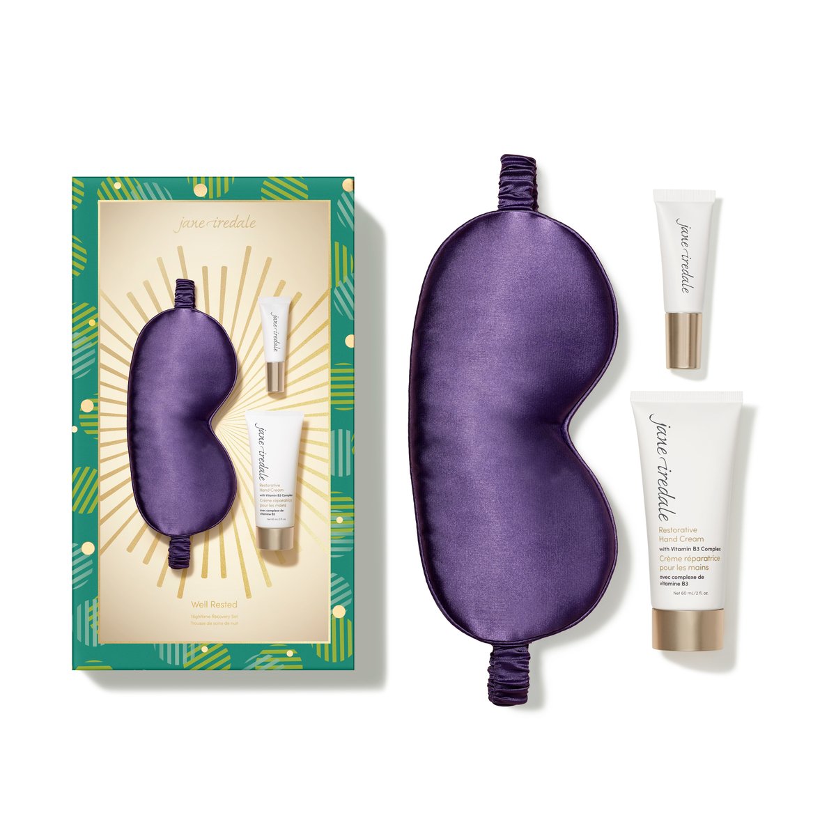 Jane Iredale Well Rested Nighttime Recovery Kit box with satin sleep mask, hand cream and lip mask