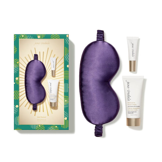 Jane Iredale Well Rested Nighttime Recovery Kit box with satin sleep mask, hand cream and lip mask
